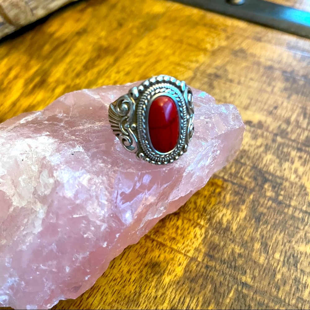 Sterling Silver 925 & Red Coral Ring